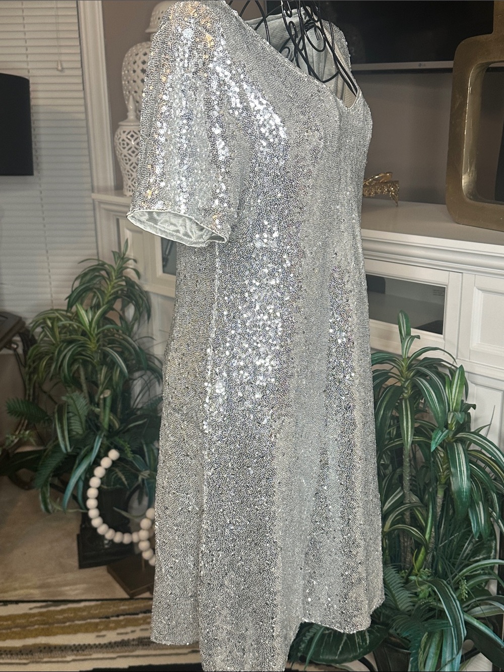Silver Sequin V-Neck Midi Dress - Elegant Party Dress - Picture 2 of 3